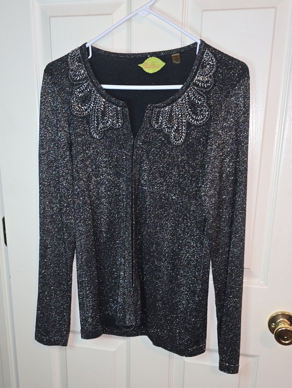Vintage Embellished Shimmer Open-Front Cardigan - Black